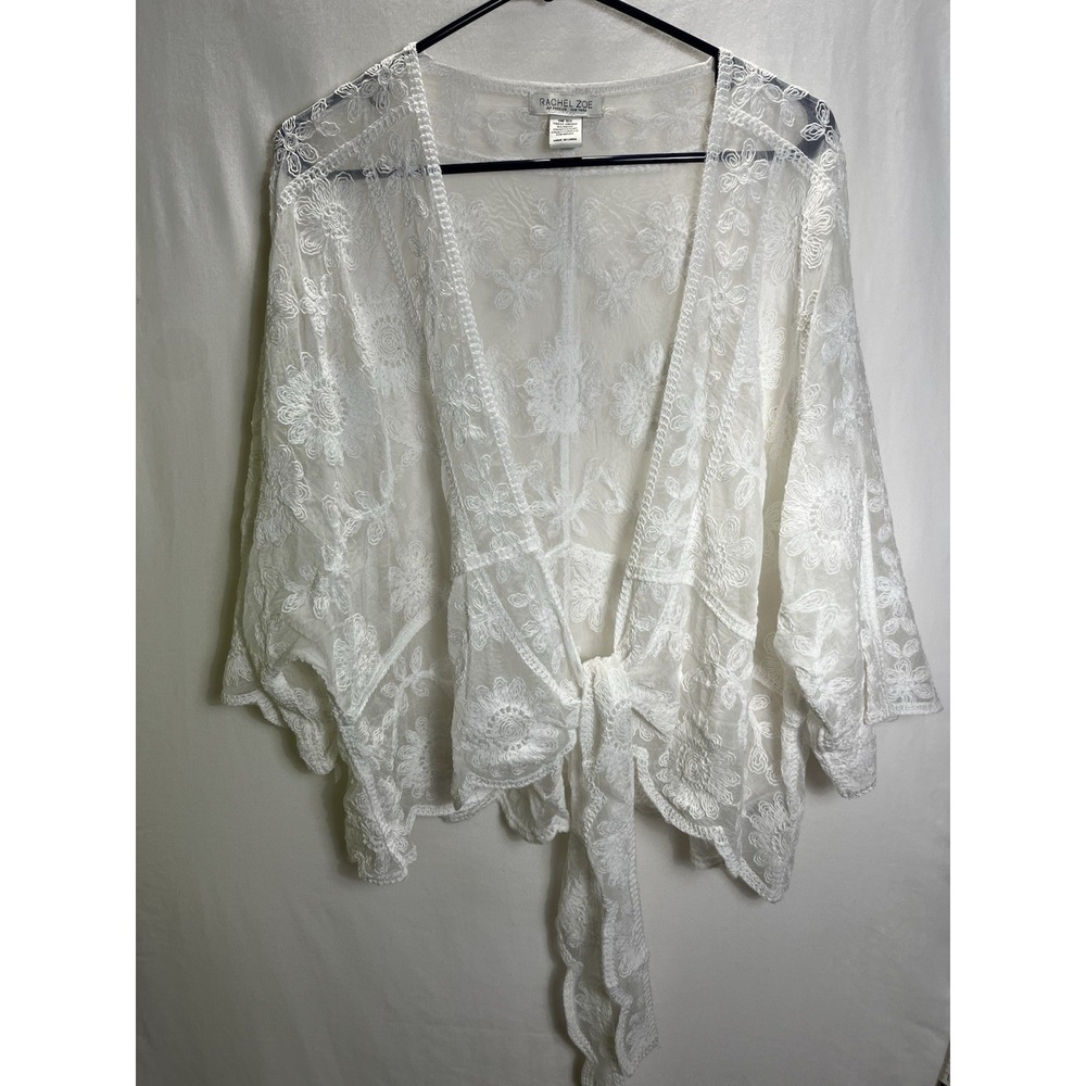 Rachel Zoe White Crochet Lace Duster Kimono Sheer Boho Maxi Cover-Up One Size